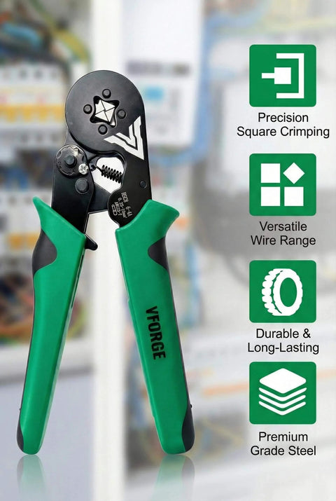 Self-Adjusting Ferrule Crimping Tool Kit With 1200 Wire Connectors For AWG 23 To 7 in green handle with square crimping feature