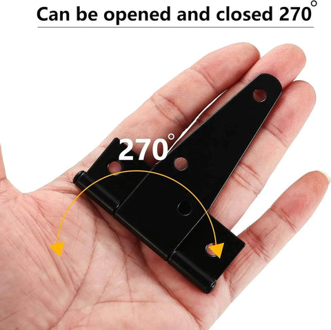 Person holding 16 Pack 2 Inch T Strap Hinge showing 270° opening for Shed Doors and Gates, Heavy Duty Black Outdoor Tee Hinges, Galvanized Finish
