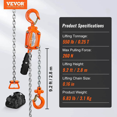 Manual Lever Chain Hoist Quarter Ton Come Along Ten Ft G80 Chain Weston Style Dual Pawl Brake 360 Rotating Hook with specs