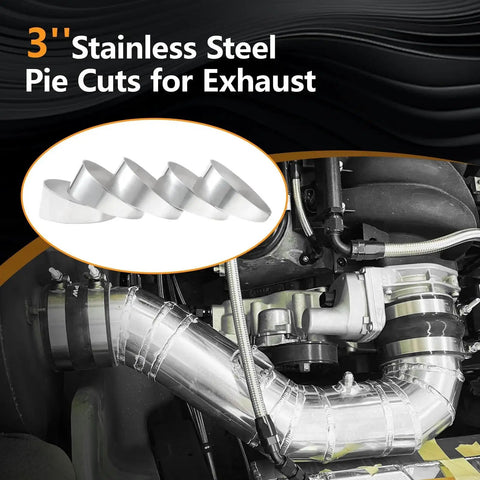 Installed view of 304 Stainless Steel Pie Cuts 3 Inch Polished Deburred Exhaust Cutouts 5 Pcs on vehicle exhaust system.
