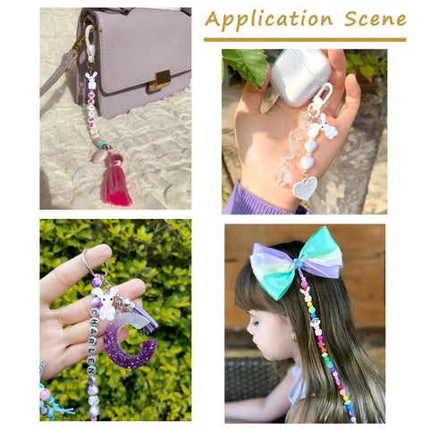 Rabbit Lampwork Glass Beads 10 Pcs Cute Bunny Spacer Beads shown in jewelry applications like bracelets and keychains.