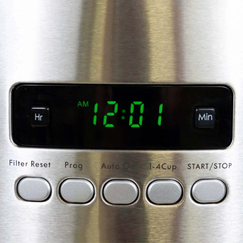 Digital display of 12 Cup Programmable Drip Coffee Maker With Auto Shut Off And Glass Carafe showing timer and control buttons.