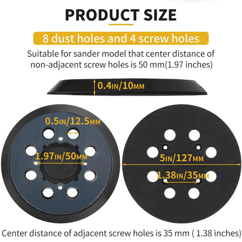 5 Inch 8 Hole Hook And Loop Sander Pad Replacement For Orbital Sanders 2 Pack showing dimensions and hole arrangement