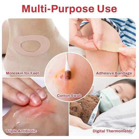 Collage showing moleskin for feet, adhesive bandage, cotton swab, triple antibiotic, and digital thermometer use.