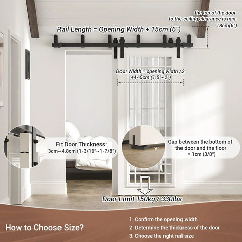 8 Ft Double Track Bypass Sliding Barn Door Hardware Kit For Two Doors, installed view, black powder-coated steel rails, interior room