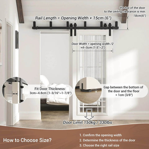 Installed 6Ft Double Track Bypass Sliding Barn Door Hardware Kit For Two Doors with measurements, heavy duty steel and black powder coat