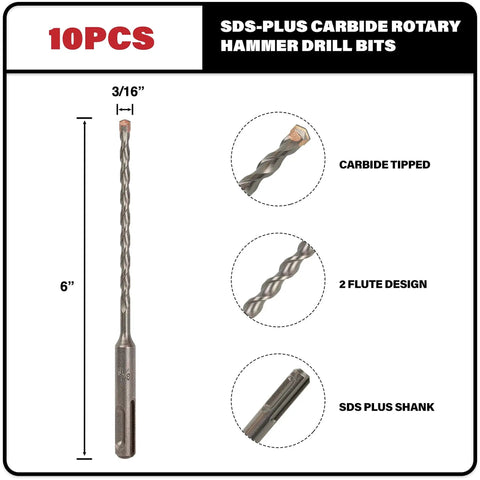 Ten Pack SDS Plus 3 16th Inch Carbide Tipped Rotary Hammer Drill Bits For Brick Stone And Concrete Ideal For Tapcon Screws