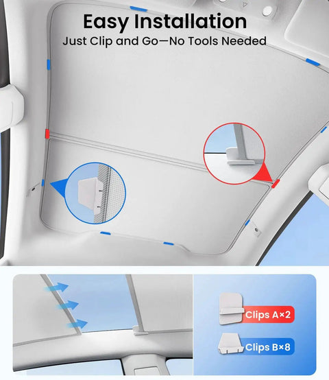 Magnetic Foldable Glass Sun Shade For Model Y 2020 2025 No Sag With Insulation installed with labeled clips.