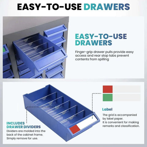40 Drawer Parts Cabinet With Label Stickers Nut And Bolt Organizer ABS Drawers for screws bolts nuts in workshop garage.