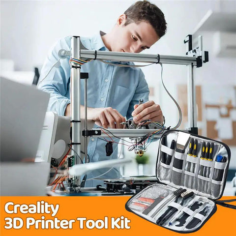 Ultimate 50 Piece 3D Printer Tool Kit Set for All FDM and SLA Printers with open case showing tools next to working printer