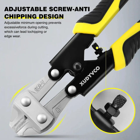 Heavy Duty 8 Inch Bolt Cutter For Wire And Cable Cutting With Non Slip Handle And Labor Saving Spring Loaded Mechanism, Beast Mode Power For Fence Mesh Rivets And Chains XUDYVCO showing adjustable screw and anti-chipping design.