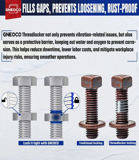 Blue And Red Thread Lock For Nuts Bolts And Fasteners Medium High Strength Lock Tight With Anaerobic Curing To Prevent Loosening And Corrosion On Metals Easy To Use With 20 Minute Initial Cure 100ml illustration with bolts