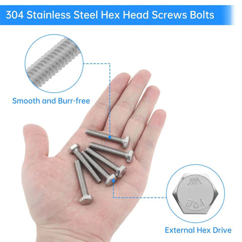 Hand holding 304 stainless steel hex head screws from Heavy Duty 1/4-20 X 1-1/2 Inch Hex Head Bolts Set With Magnetic Nut Driver, 30 Pieces.