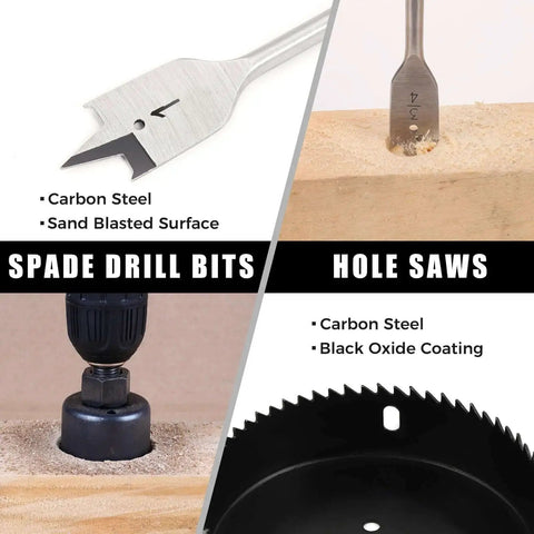 All In One 246 Piece Drill Bit Set For Cordless Drills With Wood Metal Masonry Cement Bits And Screwdriver Bits Versatile DIYers Home Improvement Combo Kit For Drilling And Driving showing spade drill bits and hole saws