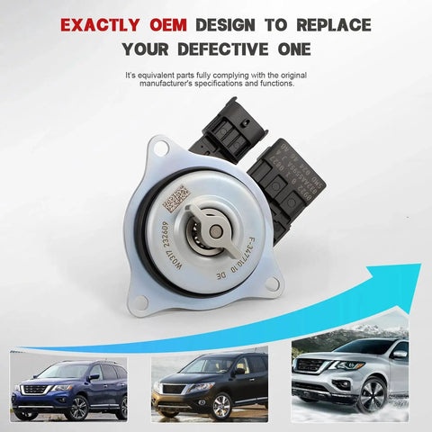 Nissan Pathfinder VVT Actuator Solenoid Replacement For 3.5L V6 Engines 2017 2018 2019 2020 Drop In Direct Fit High Quality Metal 100 Tested For Rock Solid Performance 23753-6KA0B 23753-6KA0C, shown with product and vehicles.