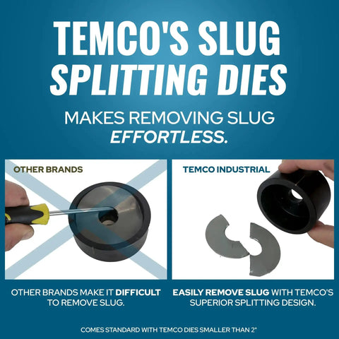 Comparison of Temco's Slug Splitting Dies with other brands, showing easier slug removal with Temco's design.