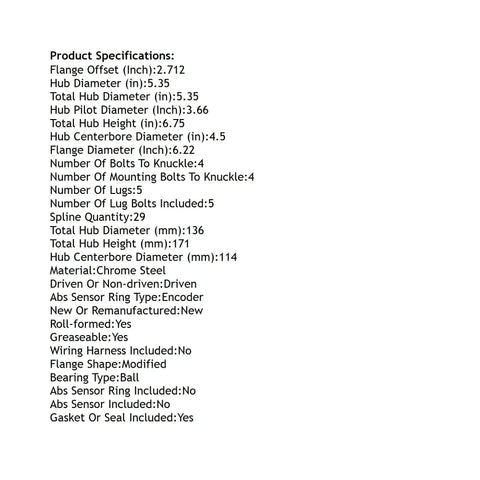Specifications for Nissan Quest Front Hub Bearing Assembly Without ABS 5 Lug 2003 2009, showing dimensions and features.