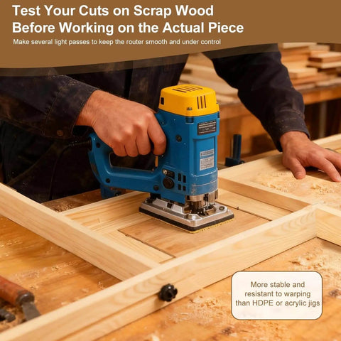 Person using blue router on Adjustable Juice Groove Router Jig With 8 Spacers Wooden Router Guide for woodworking project.