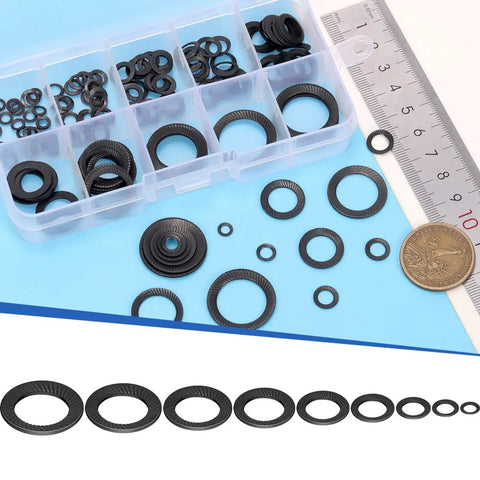 Conical knurled spring washer set, 160pcs, M3–M16, black 65Mn steel, in plastic organizer box
