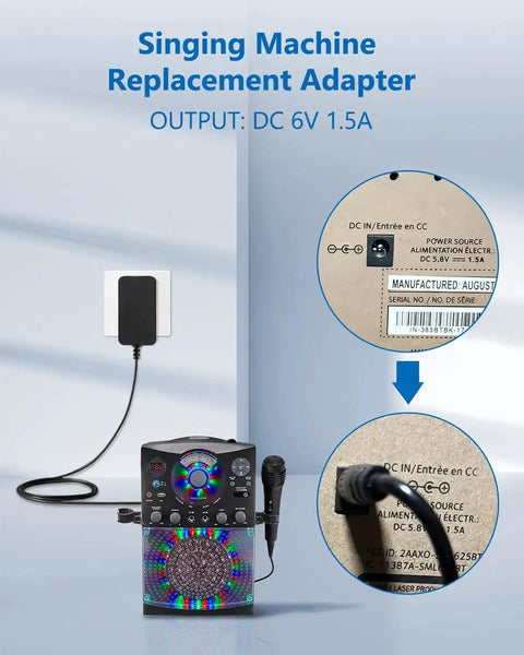 6V Karaoke Machine Charger Replacement For Singing Machine SML-625 SML625W SML625BTW SML385 Models Black Power Adapter in use