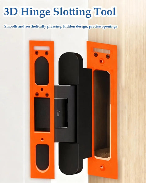 5.5-Inch Hidden Hinge Mortiser Template for Door Installation, Universal Compatibility, Orange, Installed on Door