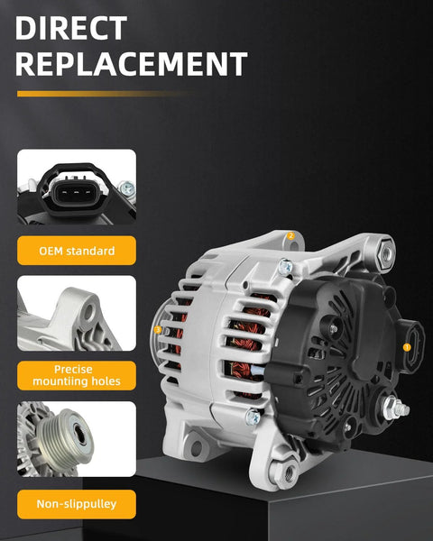 Front and side view of Drop In Ready Alternator For Hyundai Sonata 2010 2013 And Kia Optima 2011 2013 12V 100Amp Chrome Finish 1 Groove Pulley CW One Wire System Replaces 11491 11492 37300 2G150 showing features.