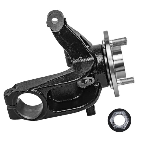 Front Left Steering Knuckle Kit With Wheel Hub Bearing And CV Axle For Ford Focus 2006 2007 2008 2009 2010 2011 Automatic Transmission Driver Side Replacement Direct Fit showing black metal components and hub
