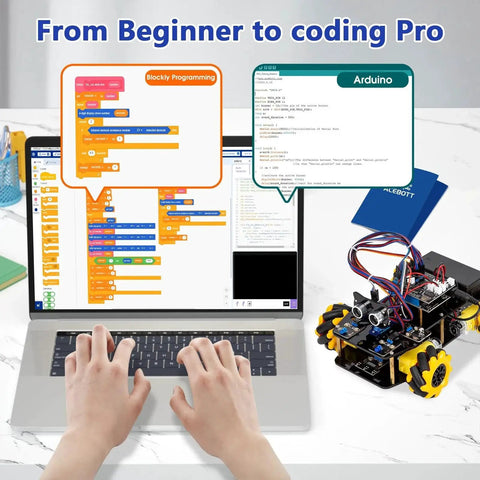 Hands using laptop for programming with Smart Robot Car Kit For Arduino And ESP32 Controllers, focusing on blockly and Arduino coding.