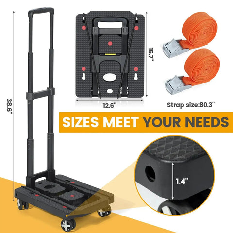 Folding Car Seat Travel Cart with four wheels and adjustable handle, dimensions 12.6x15.7x1.4 inches, includes straps for airplane travel.