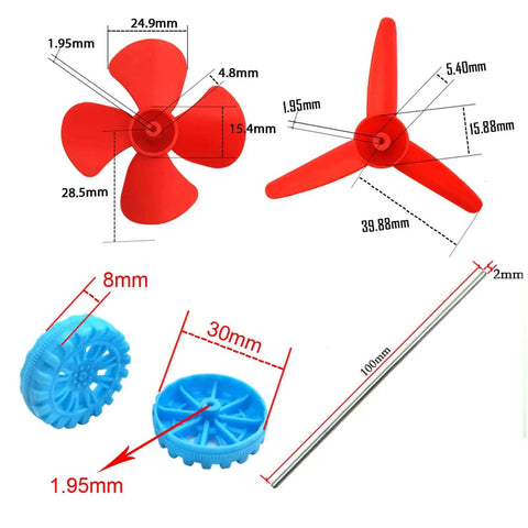 Six Pack DC Motors Kit For DIY Projects includes red propeller blades and blue plastic wheels with measurements for science experiments.