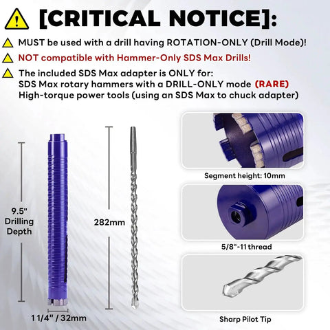 Heavy Duty Pro Dry Core Drill Bit Set For Concrete With Pilot Bit And 3 Adapters, 1-1/4 Inch Core, 9.5 Inch Depth illustration