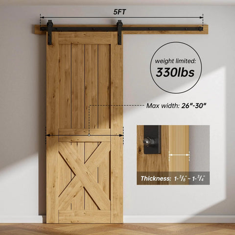 5 Foot Sliding Barn Door Hardware Kit For 26 To 30 Inch Wide Single Door Matte Black Track System with door installed