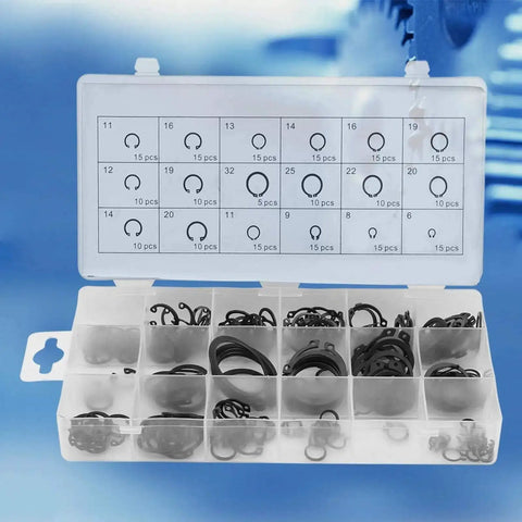 Open box of Circlip Set Kit 225 Pieces 18 Sizes Internal And External Snap Ring Retaining Rings All Purpose DIY Ready
