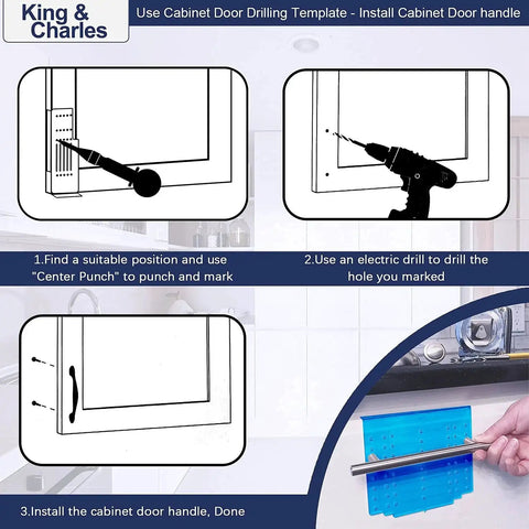 Diagram showing steps for using Cabinet Hardware Template With Center Punch Kit for installing handles on doors, with alignment tool.