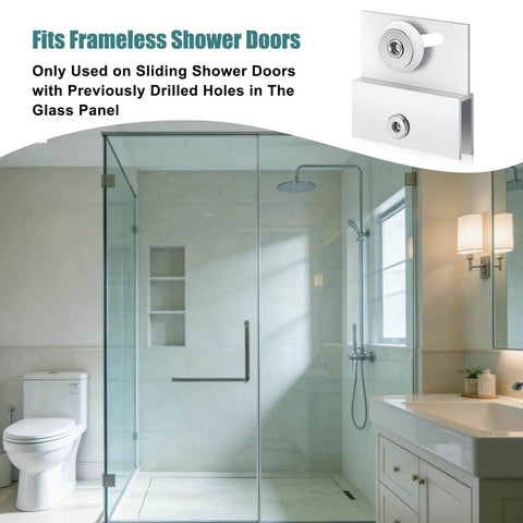 4 Pack Top Bracket Roller Assembly For Frameless Shower Doors With Three Quarter Inch Ball Bearing Wheel Extruded Aluminum Chrome Finish Adjustable Fit For Glass Up To Quarter Inch Replacement Hardware Kit For Sliding Doors, shown in a bathroom setting.