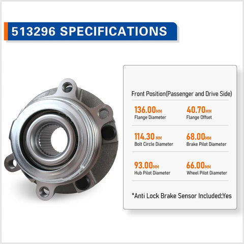Front Wheel Hub and Bearing Assembly For JX35 QX50 QX60 Altima Maxima Murano Pathfinder Quest Five Lug 513296 Drop In OEM Replacement Fits 2013 To 2021 Vehicles, showing specifications on flange and bolt dimensions.