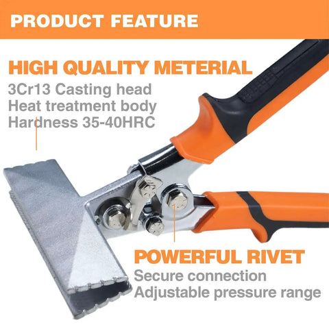 Close-up of Pro-Grade 6 Inch Sheet Metal Hand Seamer with ergonomic grip, straight jaw pliers, and powerful rivet for bending aluminum.