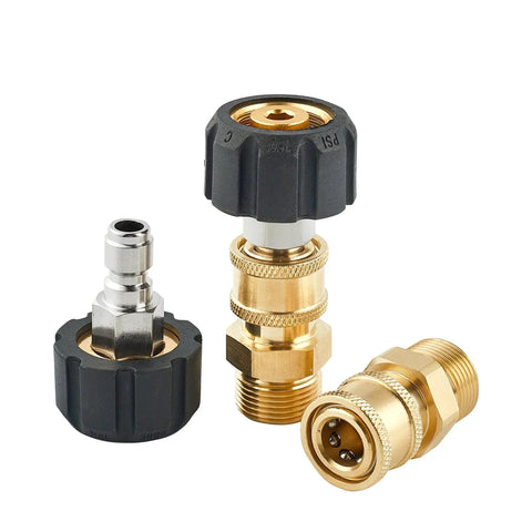 Fast Easy Quick Connect Fittings for Pressure Washer M22 14mm To One Quarter Inch Adapter Set 4 Piece Kit in brass with black grips.