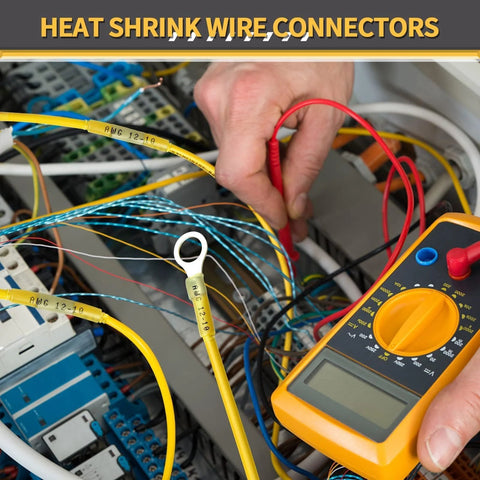 Marine-grade heat-shrink wire connectors kit with yellow insulated terminals for AWG 22–10 wiring in an electrical panel.