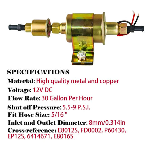 Electric Fuel Pump 5-9 PSI 12V DC 30 GPH For Gasoline And Diesel Carburetor Engines Universal Fit Visible Specifications
