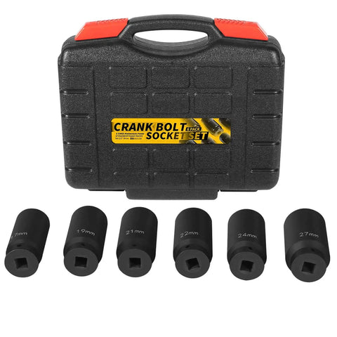 Half Inch Drive Crank Bolt Socket Set 17mm 19mm 21mm 22mm 24mm 27mm Deep Counterweighted Impact Sockets with case