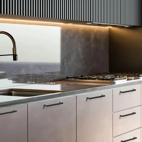 Matte Black Cabinet Pulls 25 Pack, 5.5 Inch Length With 5 Inch Hole Spacing installed on kitchen drawers and doors