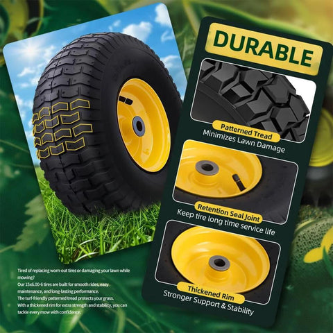 Front Tire And Wheel Assembly 15x6.00-6 Two Pack For Riding Lawn Mower Replacement Front Tires With Three Inch Centered Hub And Three Quarter Inch Bore Bushings Includes Extra Five Eighth Inch Bushings Fits Most Riding Lawn Tractors Yellow shown with durable patterned tread and thickened rim.