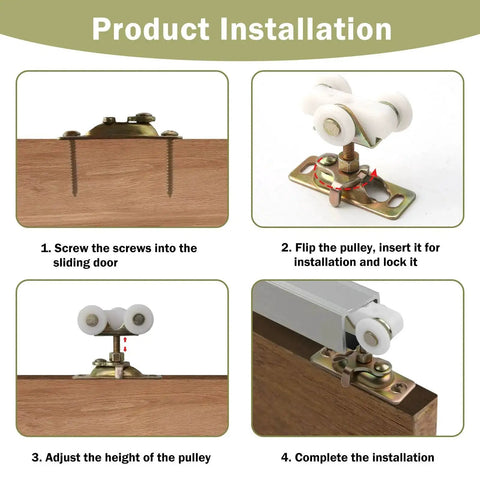 Product installation steps for 2 Pack Three Quarter Inch Pocket Door Rollers Replacement Wheels With Top Hanger For Sliding Doors.