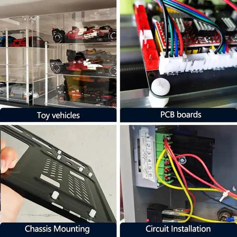 Four images depicting toy vehicles, PCB boards, chassis mounting, and circuit installation.