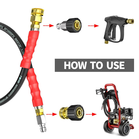 POHIR 3/8 in pressure washer whip hose, 2 ft, red grip, brass fittings with quick-connect adapters and spray gun
