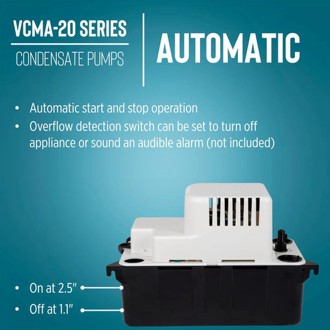 VCMA-20 automatic condensate pump, white unit on a black reservoir with vented housing