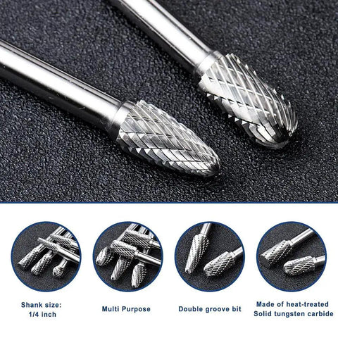 Close-up of 10 Piece Double Cut Solid Carbide Rotary Burr Set for Die Grinders with One Quarter Inch Shank Pro Grade Bits for Steel and Metal