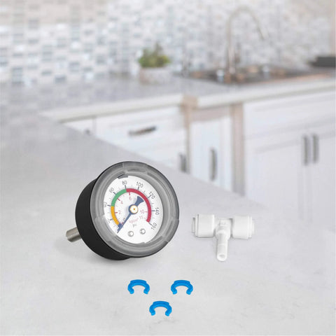 Express Water water pressure gauge for RO systems; 160 psi dial, includes T-stem adapter and four blue O-rings