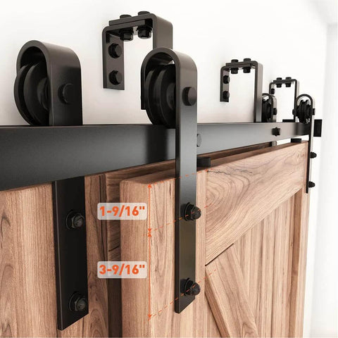 Double Track Bypass Sliding Barn Door Hardware Kit For Two Doors With J Shape Hanger 6.6 Foot Rail installed on wooden door
